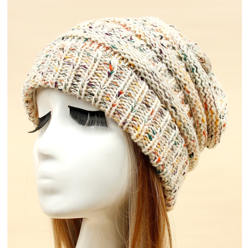 Beige Cream Speckled Knit Beanie Winter Cold Weather Slouchy Hat